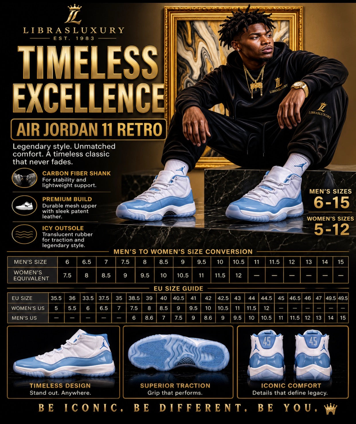Man wearing Air Jordan 11 Retro white university blue sneakers in LibrasLuxury luxury showroom