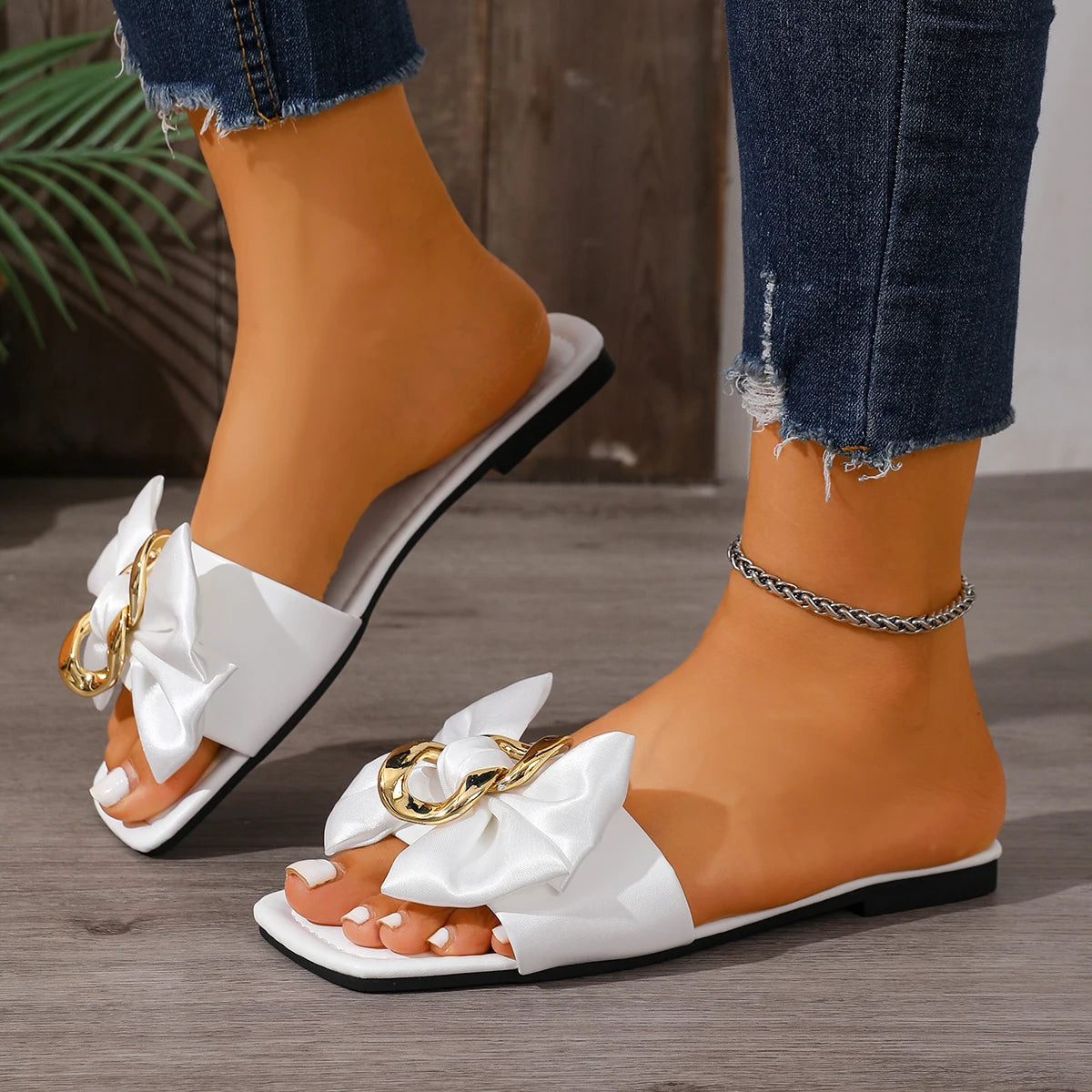 Satin Bow Slide Sandals with Gold Chain Detail | LibrasLuxury
