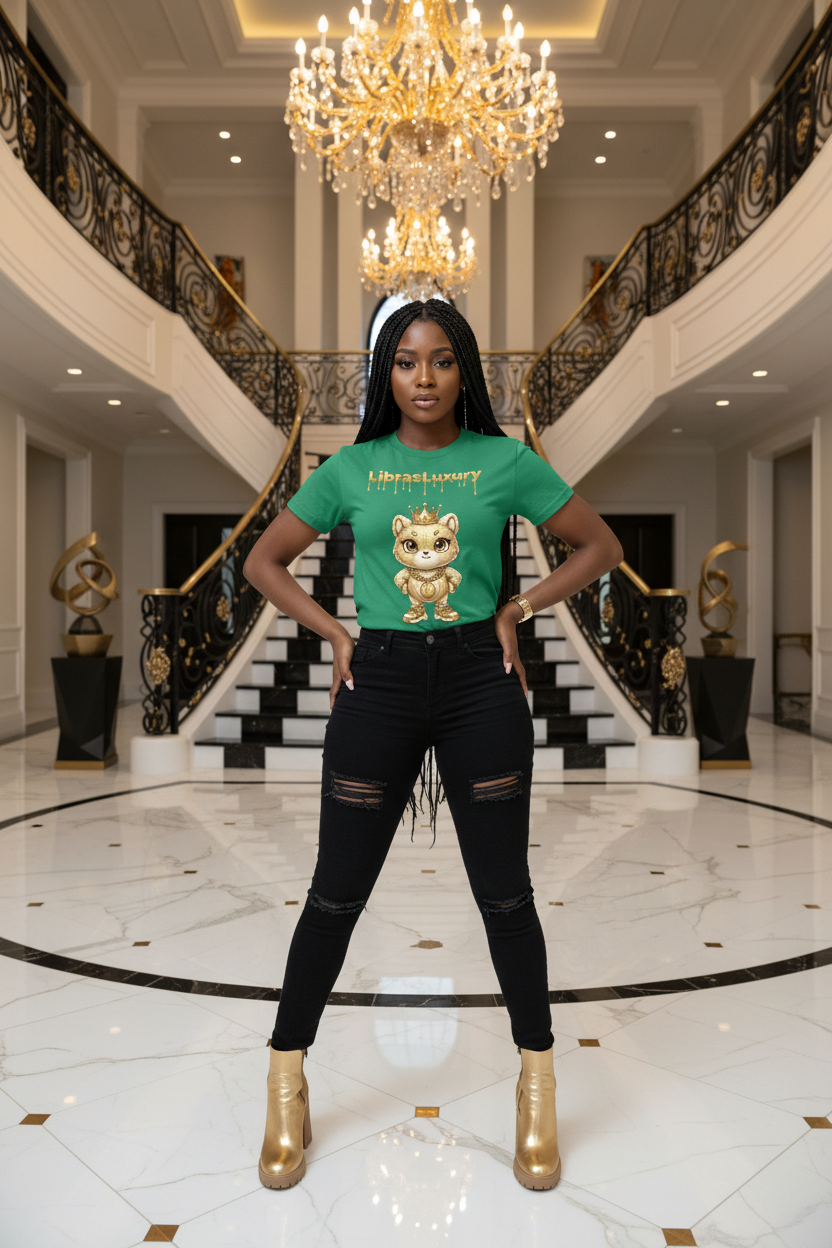 Full body model wearing LibrasLuxury Premium Graphic Statement Tee in luxury mansion foyer with black and gold tones