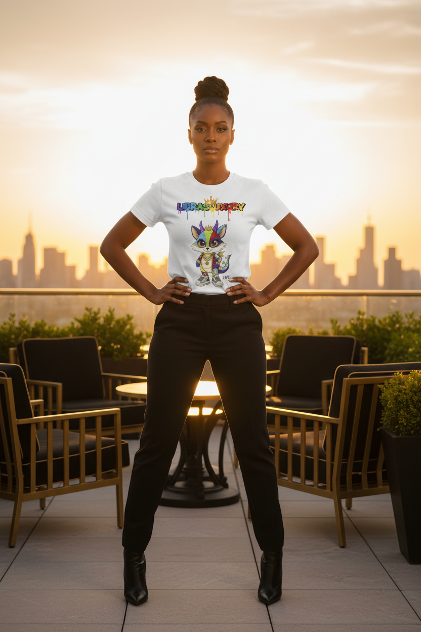 Full body model wearing Next Chapter Premium Graphic Tee on luxury rooftop with black and gold tones
