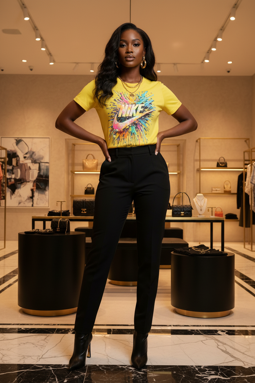 Full body model wearing Just My Vibe Nike Tee in upscale boutique with black and gold tones