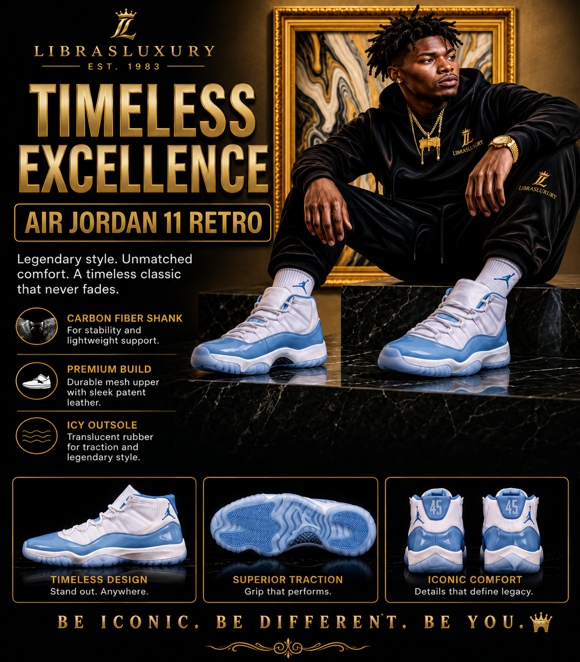 Air Jordan 11 Retro — Timeless Excellence Infographic — Carbon Fiber Shank, Premium Build, Icy Outsole — LibrasLuxury