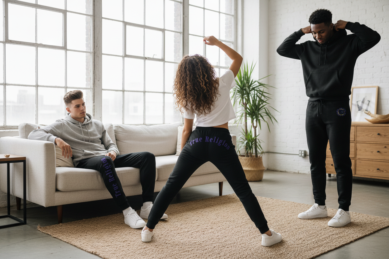 People wearing True Religion joggers in black
