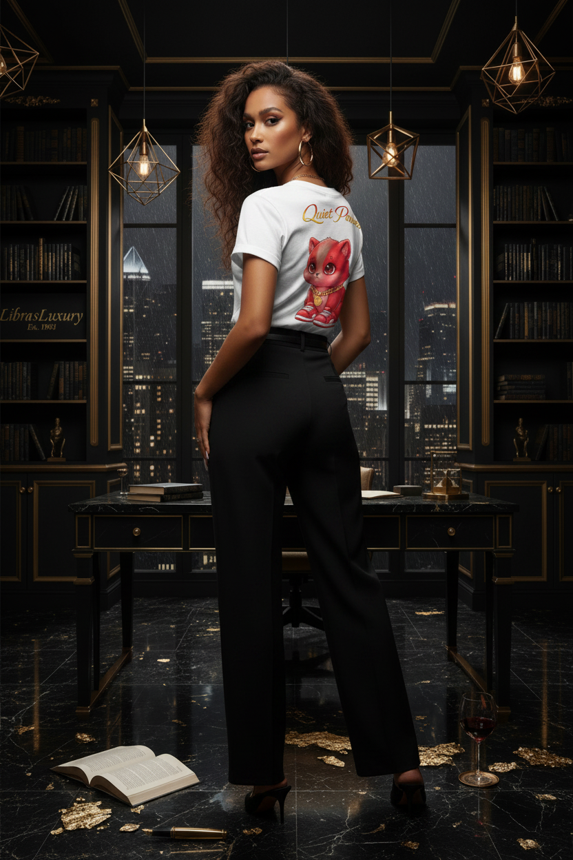 Quiet Power Tee — Mixed Female Model — Over The Shoulder Pose — Dark Penthouse Library — LibrasLuxury