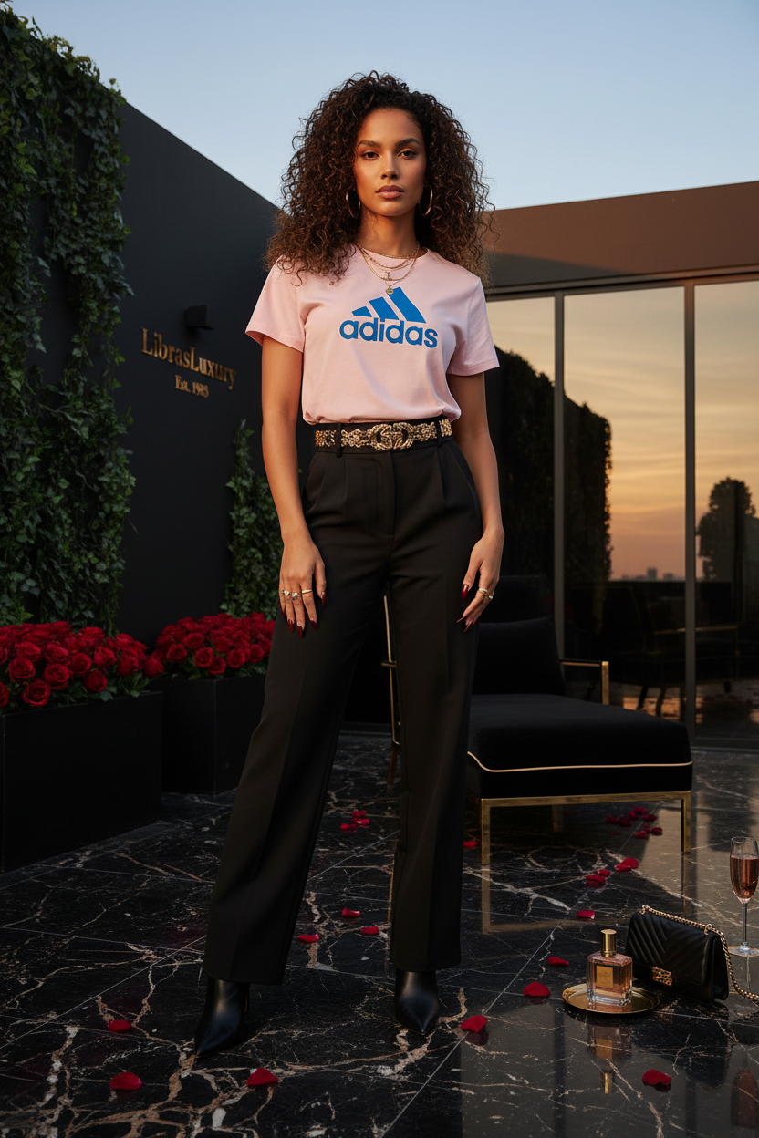 Allure Adidas Graphic Tee — Mixed Female Model — Dark Rooftop Garden Scene — LibrasLuxury