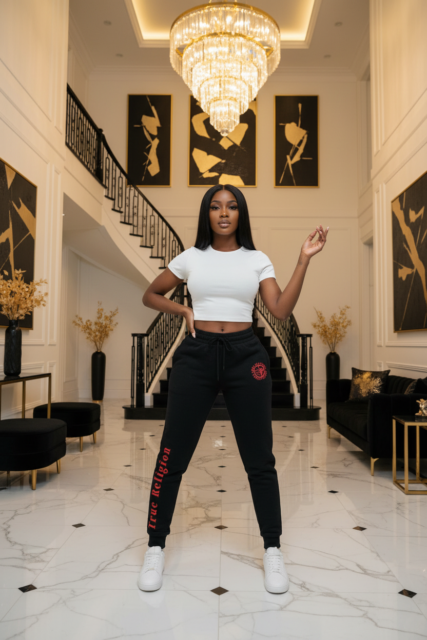 Full body model wearing True Religion Red Logo Joggers in luxury mansion foyer with black and gold tones