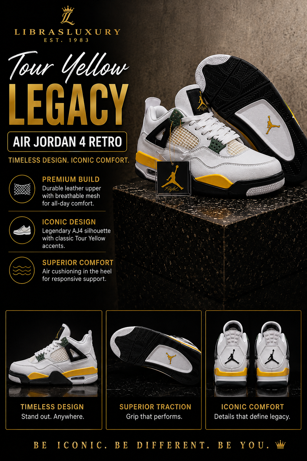 Air Jordan 4 Retro Tour Yellow Legacy — Multi-Angle Display Infographic — Timeless Design, Superior Traction, Iconic Comfort — LibrasLuxury