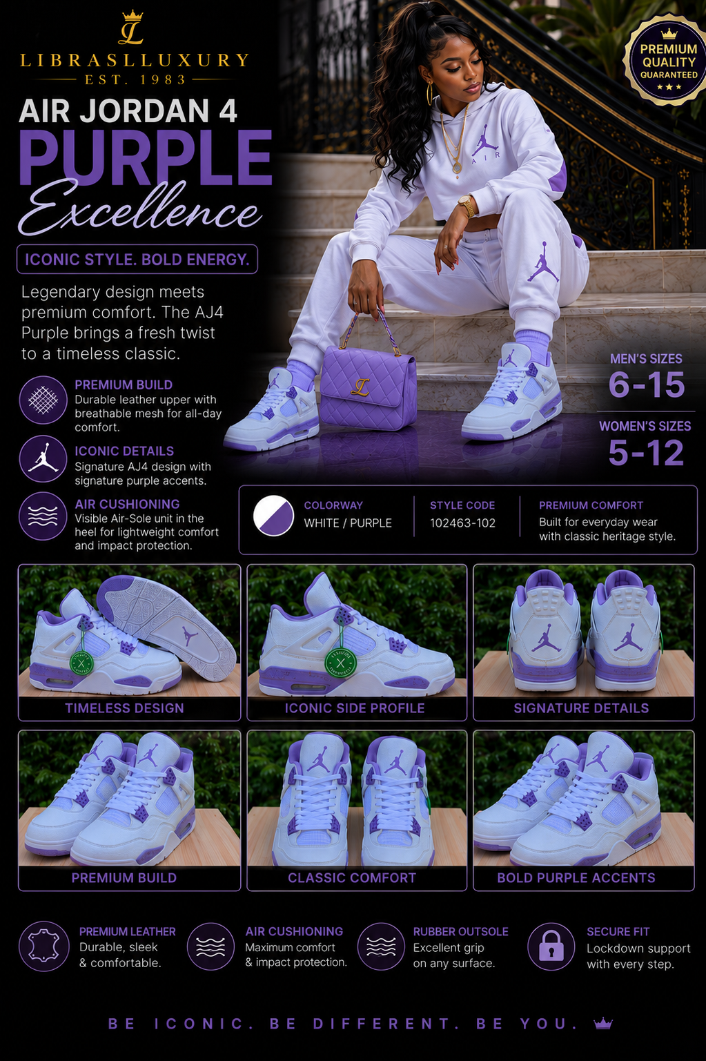Air Jordan 4 Purple Excellence — Multi-Angle Display Infographic — White/Purple, Style Code 102463-102 — LibrasLuxury