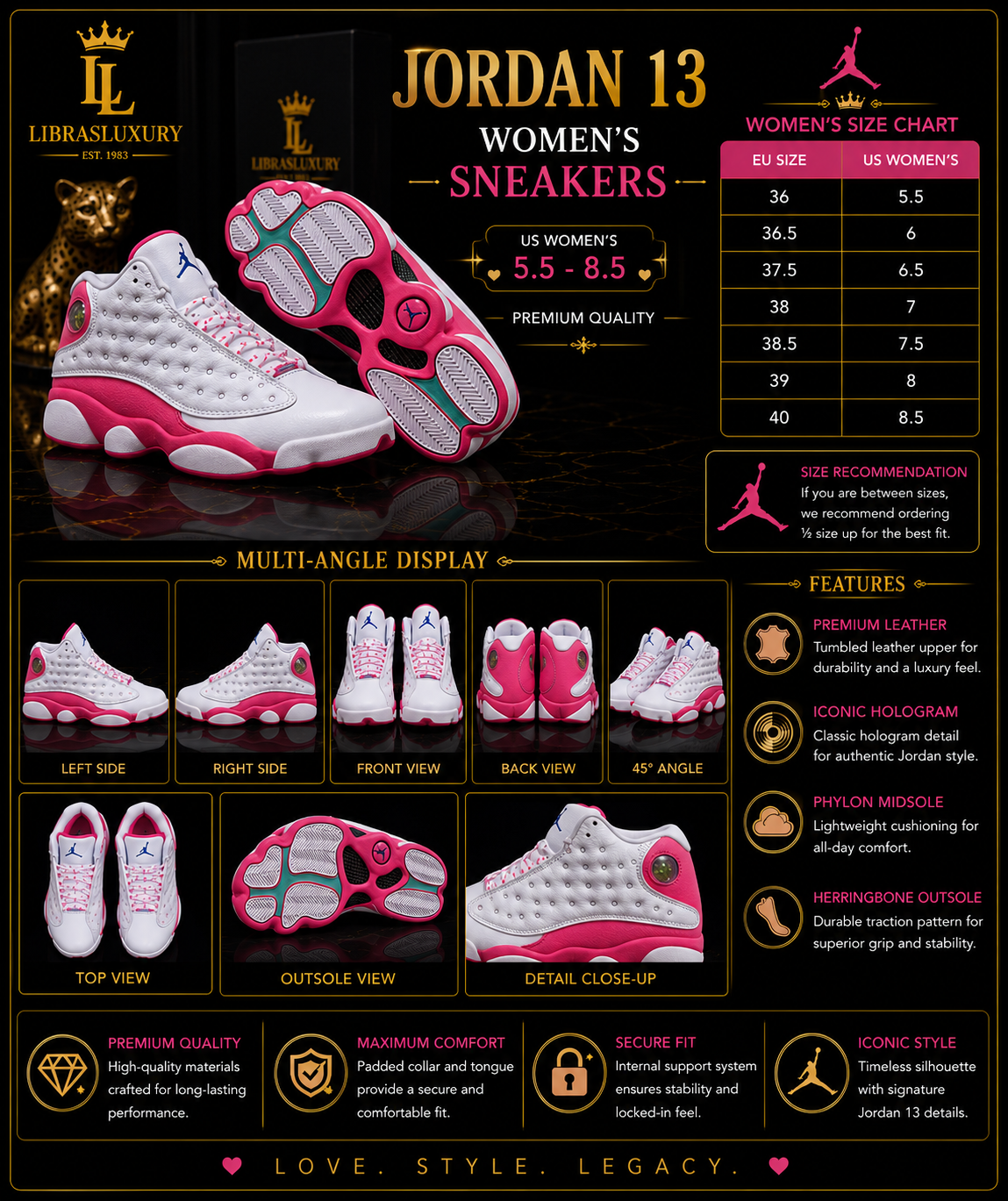 Love. Style. Legacy. — Jordan 13 Women's White Pink — size chart and product infographic