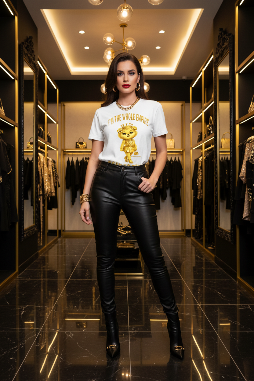 Confident white woman model wearing Born To Reign graphic tee in luxury lifestyle setting