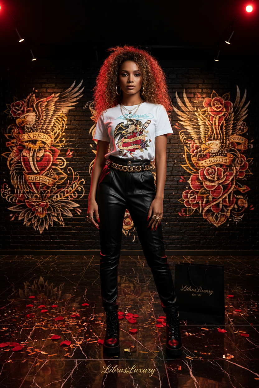 Ed Hardy Graphic Tee — Fearless Luxury — Mixed Female Model — LibrasLuxury