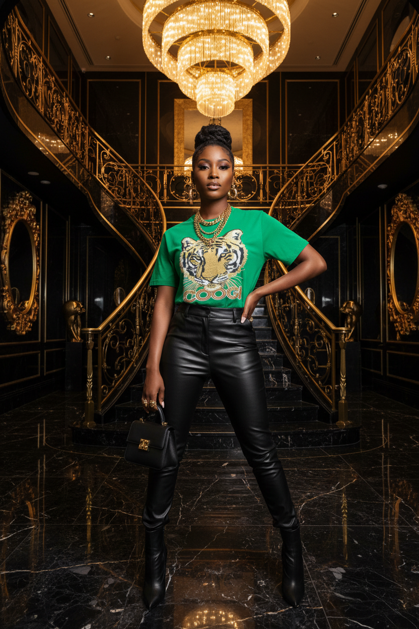 Full body model wearing Coogi Legacy Tee in luxury mansion foyer with black and gold tones