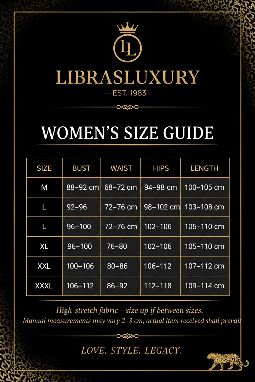 LibrasLuxury Women's Size Guide — Soft Life Era Ruffle Midi Dress — M through XXXL — Bust, Waist, Hips, Length in CM