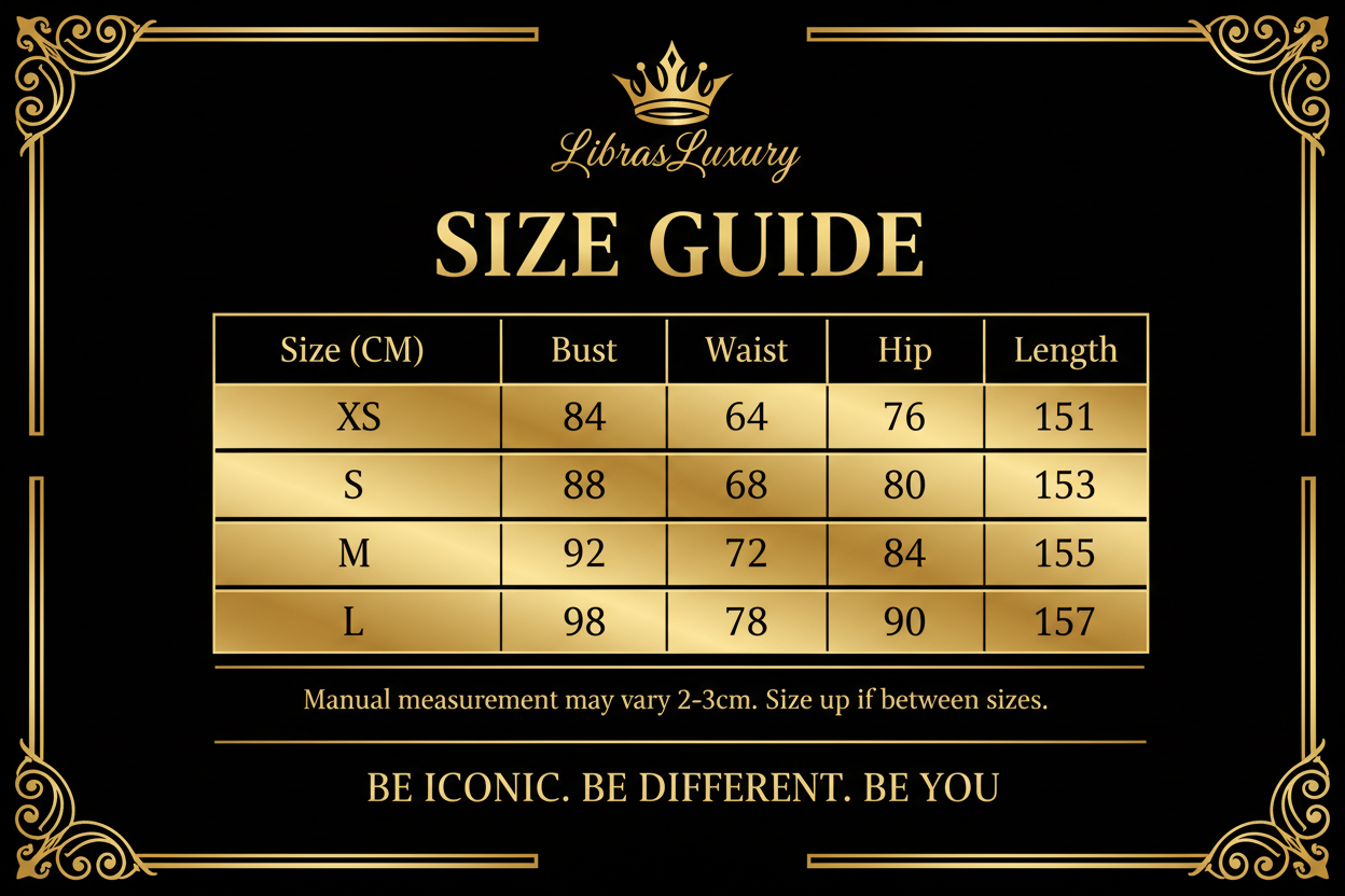 Women's dress size chart XS S M L bust waist hip length measurements in cm - LibrasLuxury