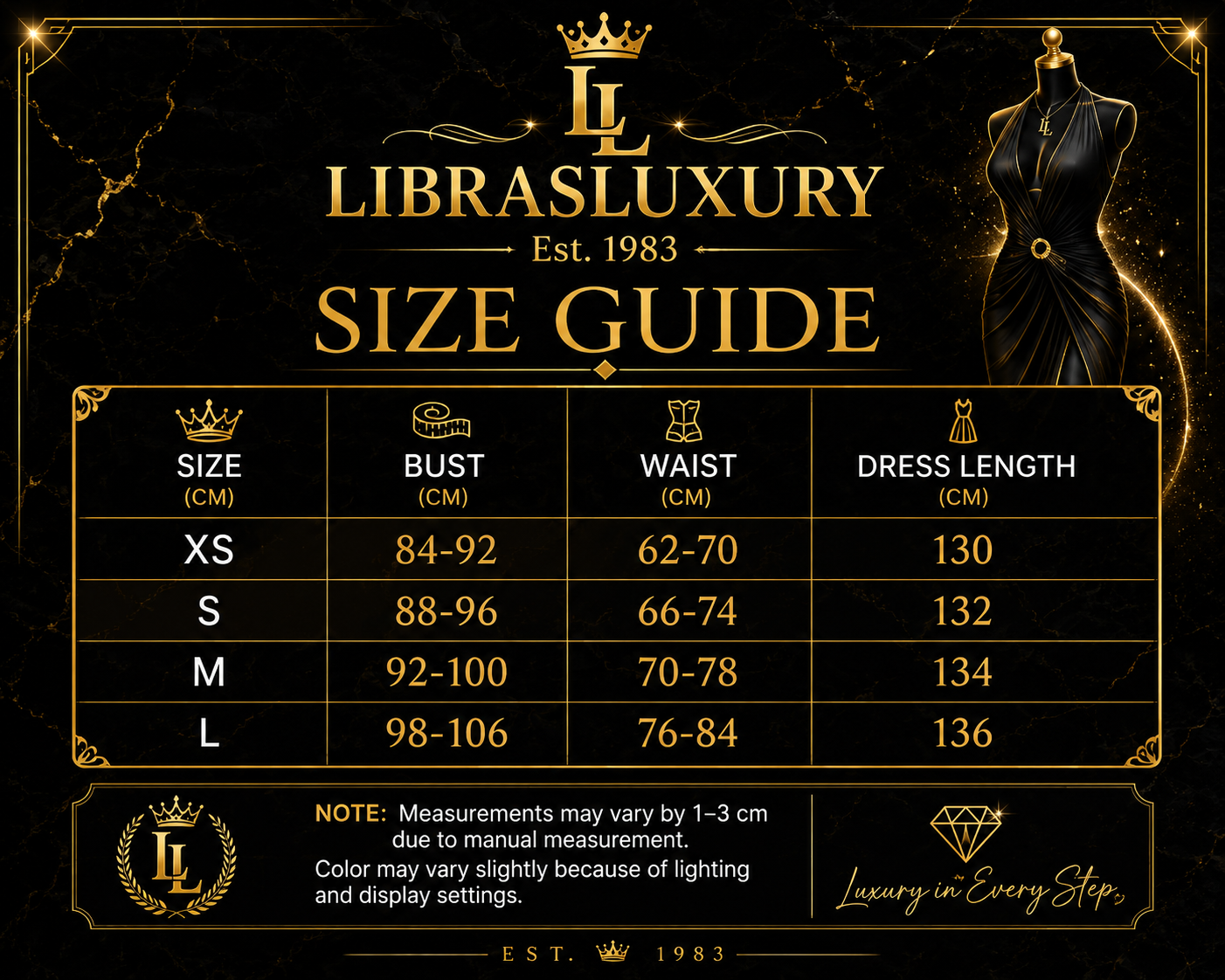 LibrasLuxury Women's Size Guide — Bust, Waist, Dress Length in CM — XS through L