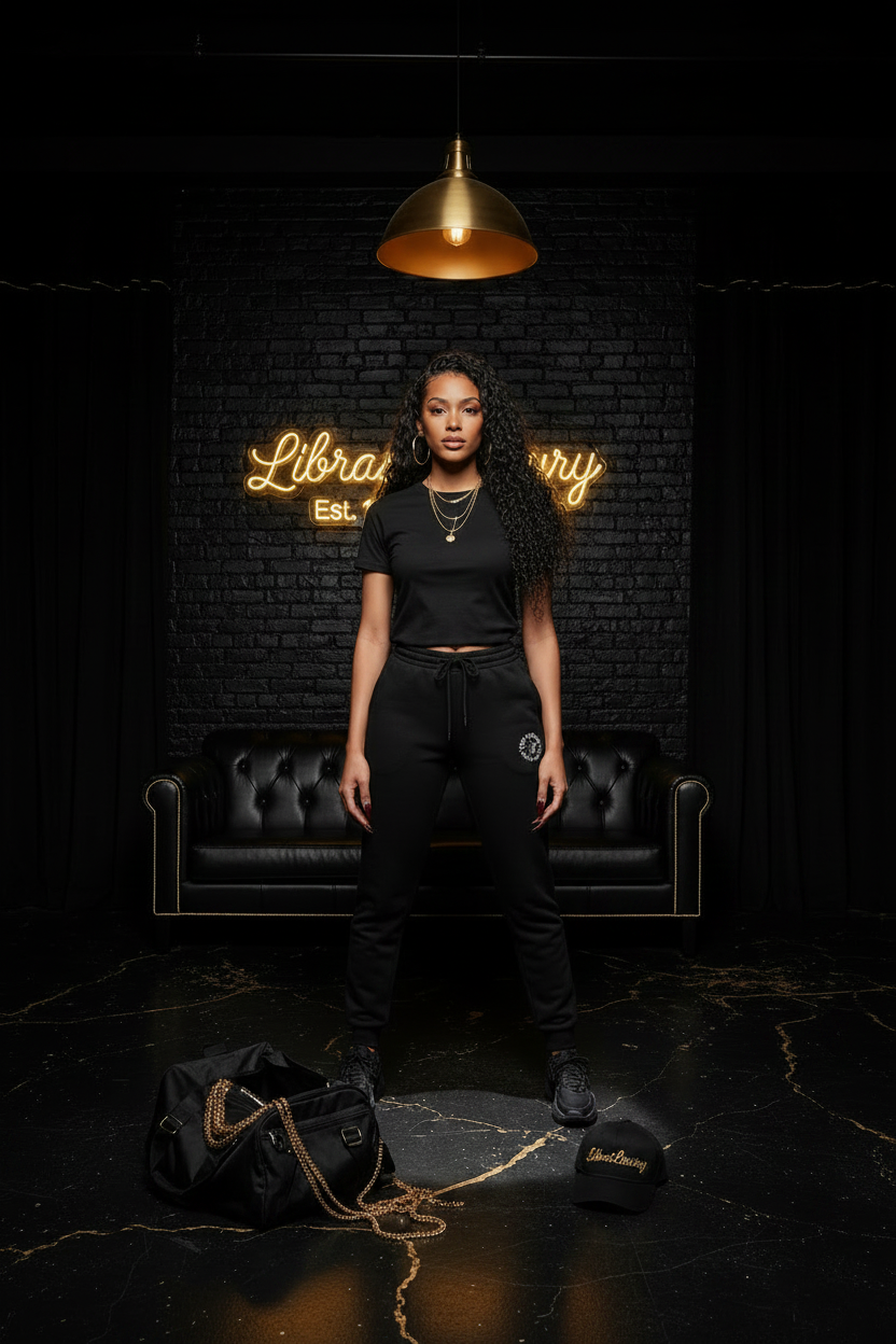 True Religion Joggers — Mixed Female Model — All Black Shirt — Dark Loft Scene — LibrasLuxury