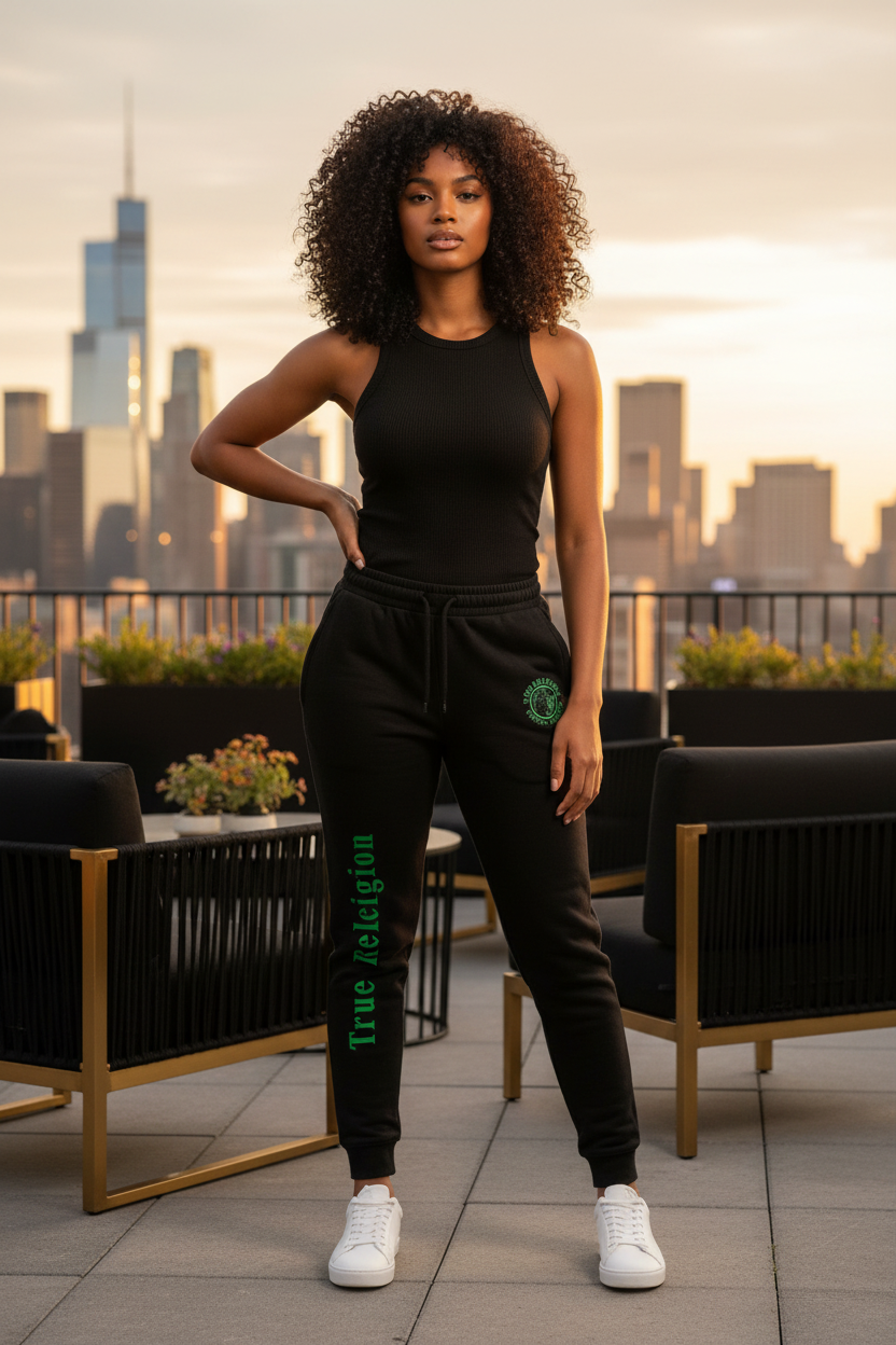 Full body model wearing True Religion Green Logo Joggers on luxury rooftop with black and gold tones