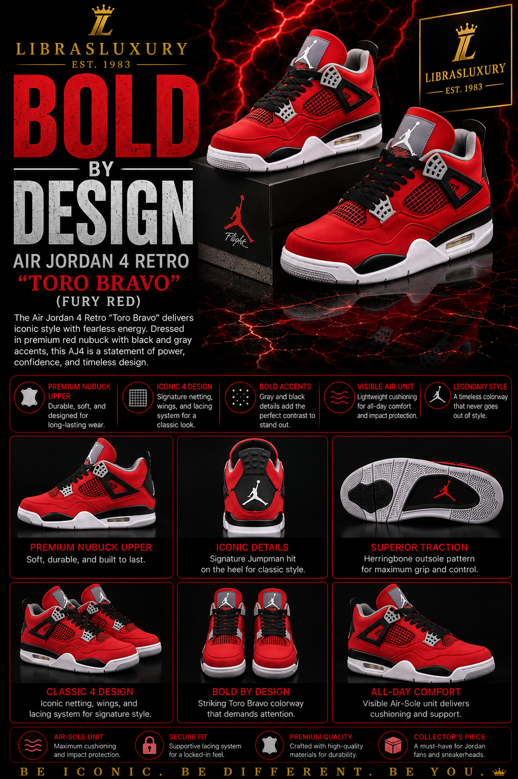 Air Jordan 4 Retro Toro Bravo Fury Red — Bold By Design Infographic — Premium Nubuck, Iconic Details, Superior Traction — LibrasLuxury