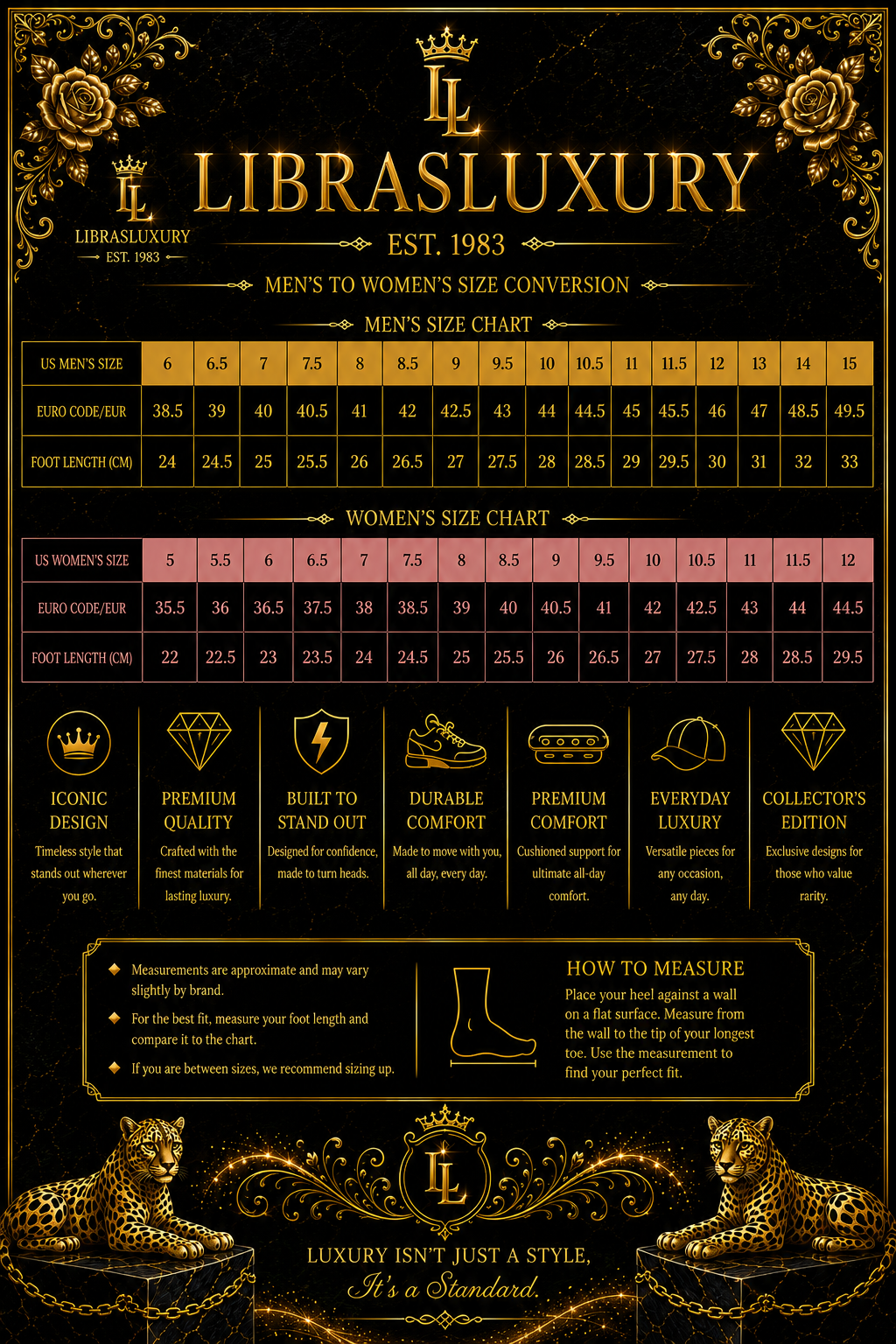 LibrasLuxury Men's to Women's Shoe Size Conversion Chart — US, Euro, Foot Length CM — Men's 6-15, Women's 5-12