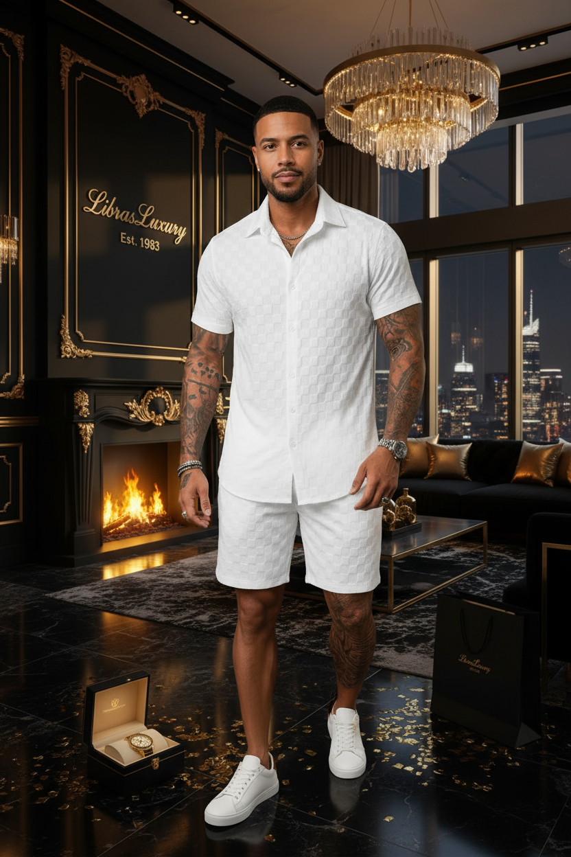The Precision Set — Mixed Male Model — White Sneakers — Dark Penthouse Scene — LibrasLuxury