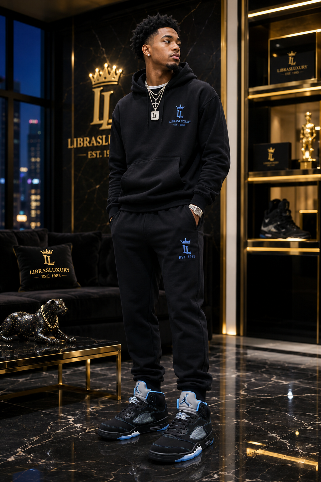 Legacy In Every Step — Air Jordan 5 Black University Blue — LibrasLuxury model editorial