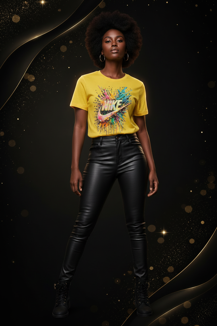Full body model wearing Nike Swoosh tee on black gold background