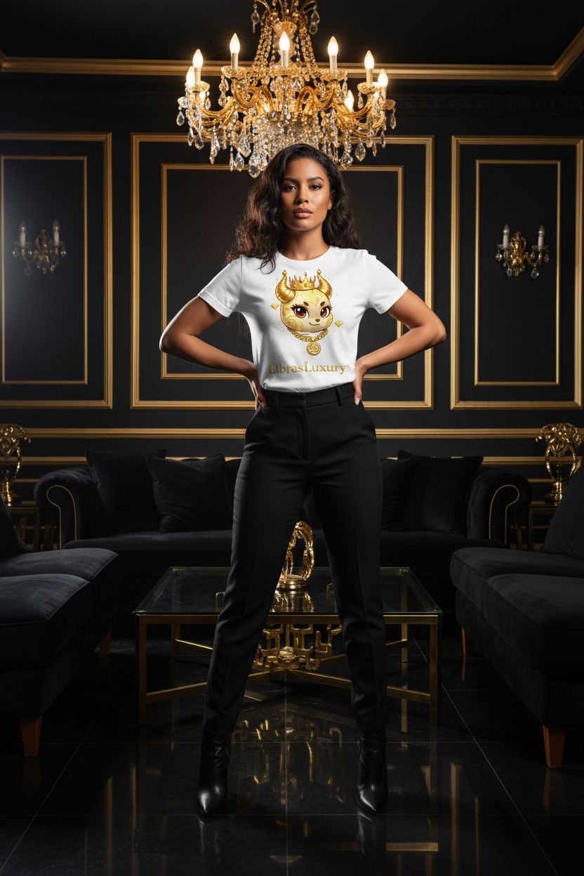 Full body mixed race model wearing Golden By Nature statement tee in black and gold upscale lounge
