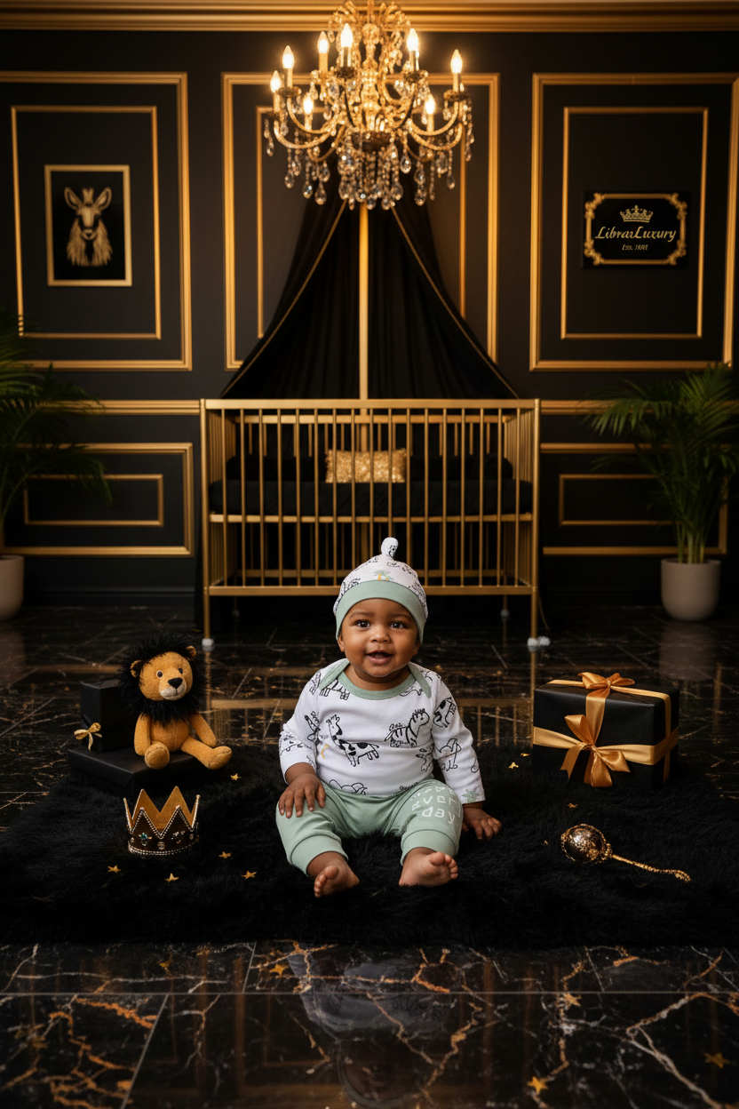Tiny Royalty Animal Print Set — Mixed Baby Boy Model — Dark Royal Nursery Scene — LibrasLuxury