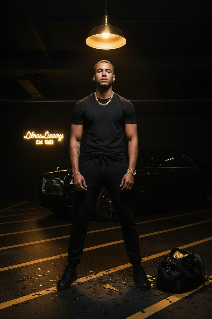 True Religion Joggers Yellow Logo — Mixed Male Model — Dark VIP Garage Scene — LibrasLuxury