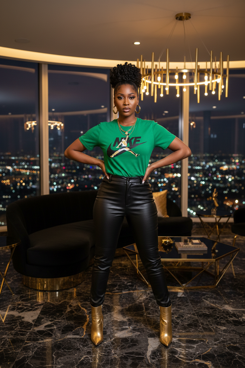 Full body model wearing Just Do Luxury green tee in luxury penthouse scene with black and gold tones