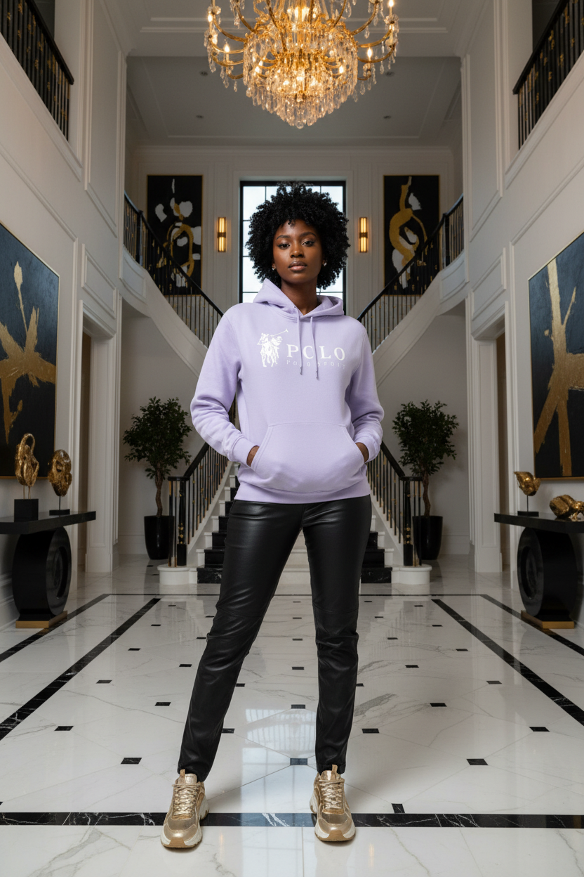 Full body model wearing LibrasLuxury Polo Fleece Hoodie in luxury mansion foyer with black and gold tones