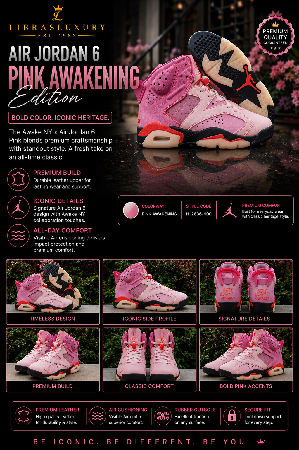 Air Jordan 6 Pink Awakening Edition — Multi-Angle Display Infographic — Style Code HJ2836-600 — LibrasLuxury