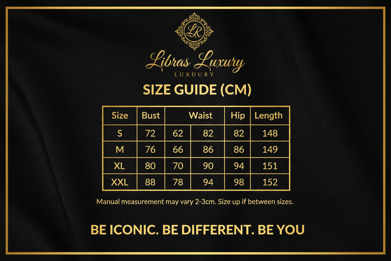 Women's dress size chart S M L XL XXL bust waist hip length measurements in cm - LibrasLuxury