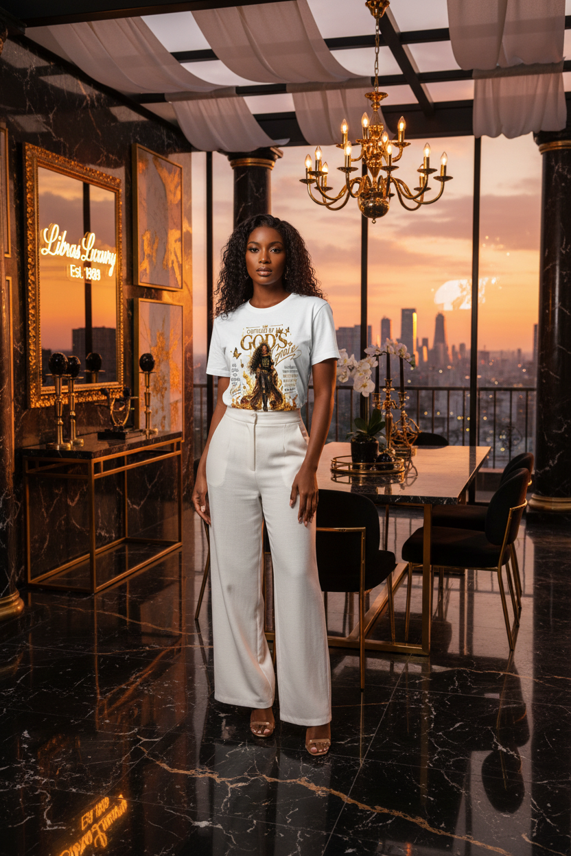 God's Grace White Tee Model Black & Gold Decor | LibrasLuxury