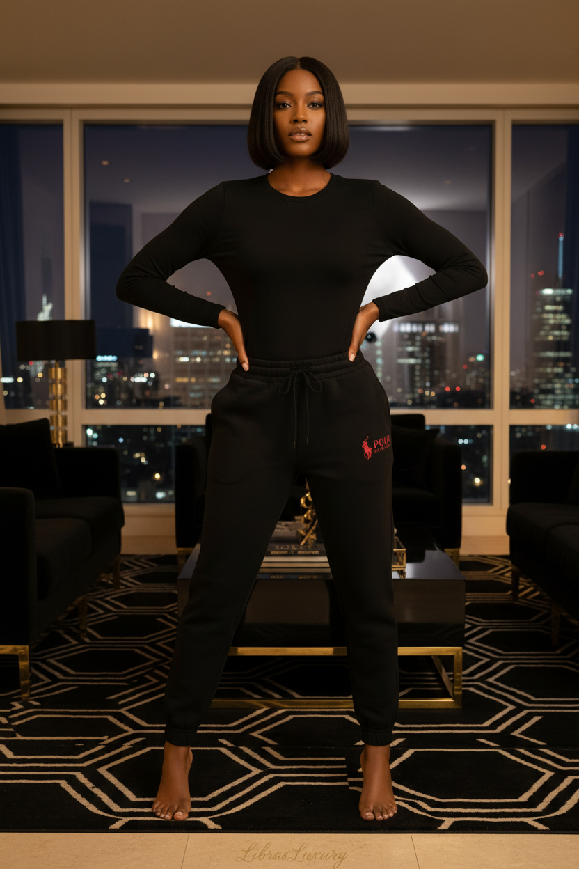 Full body model wearing LibrasLuxury Polo Joggers in luxury penthouse with black and gold tones