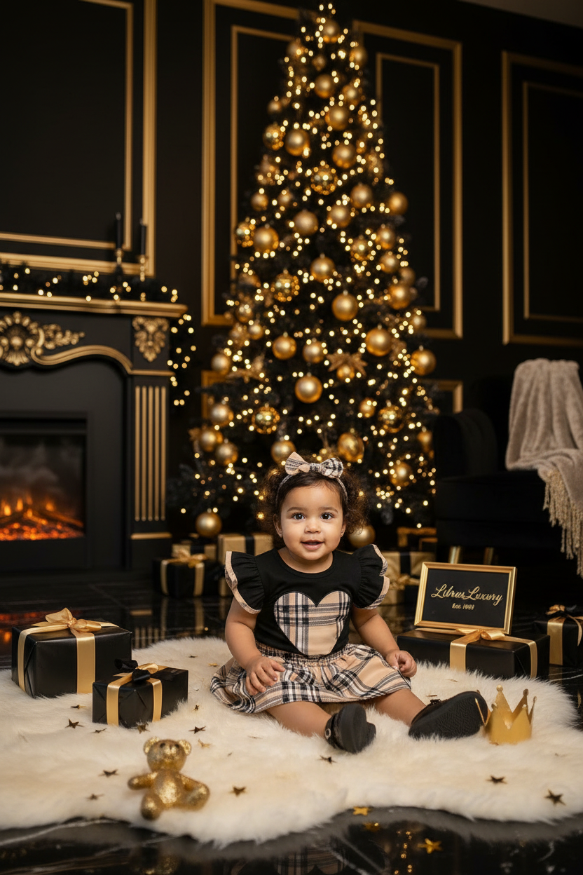 Baby Girl Plaid Ruffle Bodysuit & Skirt Set — Mixed Baby Model — Dark Luxury Holiday Scene — LibrasLuxury