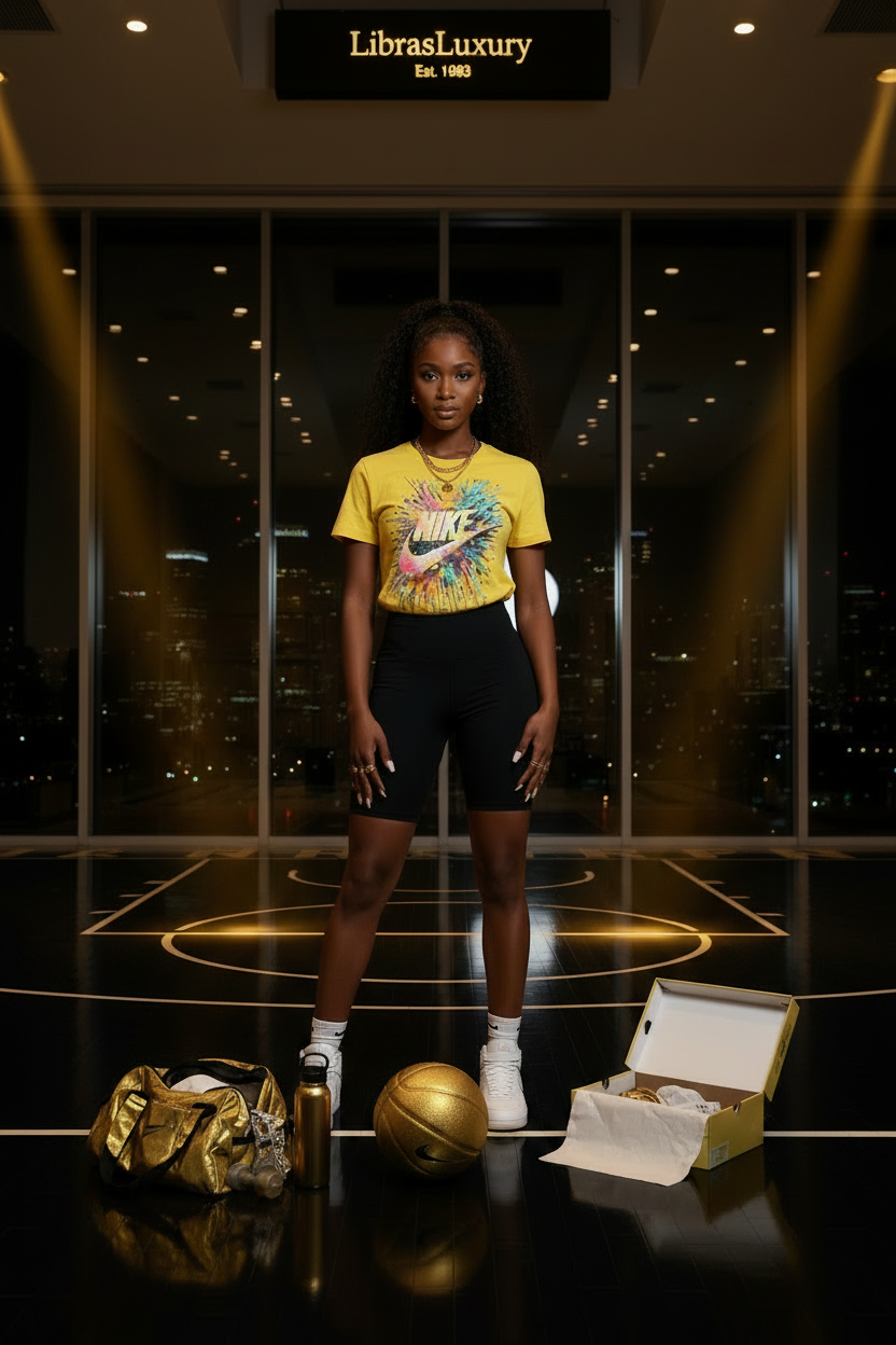Just My Vibe Nike Tee — Mixed Female Model — Dark Basketball Court — LibrasLuxury