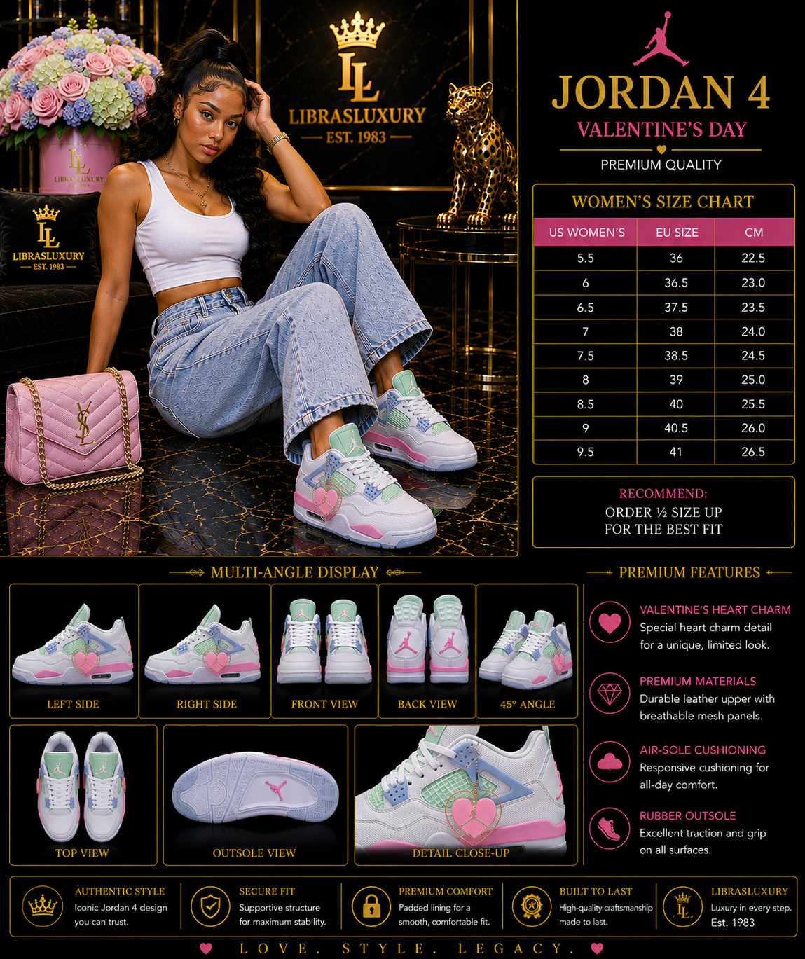 Love. Style. Legacy. — Air Jordan 4 Valentine's Day — size chart and product infographic