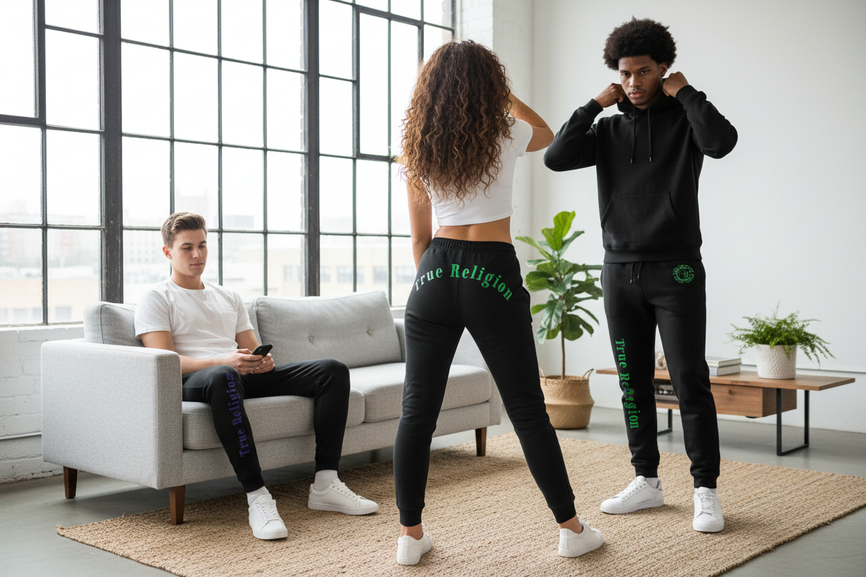 True Religion Joggers - Black with Green Logo - Worn